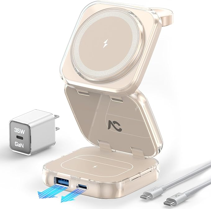 5-in-1 Wireless Charger for MagSafe, AC ISLAND Portable Travel Charging Station, 15W Max Fast Foldable Magnetic Stand, Evolved for iPhone 17/16/15/14/13 Series, Apple Watch, AirPods (with 35W Adapter)