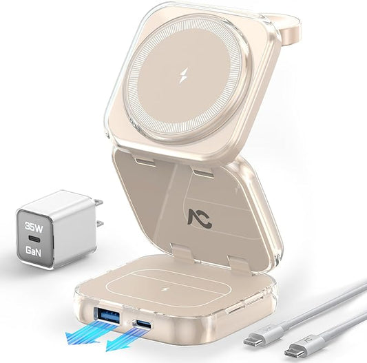5-in-1 Wireless Charger for MagSafe, AC ISLAND Portable Travel Charging Station, 15W Max Fast Foldable Magnetic Stand, Evolved for iPhone 17/16/15/14/13 Series, Apple Watch, AirPods (with 35W Adapter)