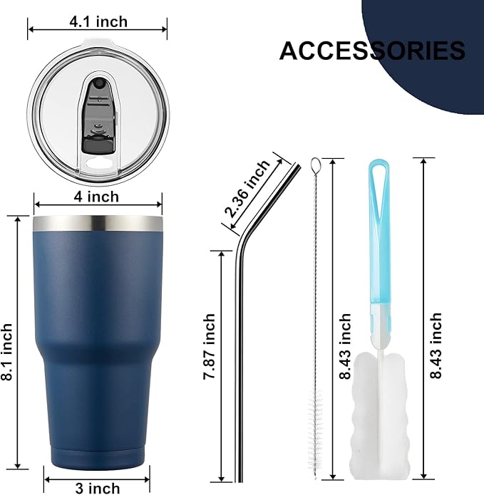 COMOOO 30oz Tumbler Stainless Steel Insulated Tumbler with Lid Double Wall Vacuum Coffee Cup Large Travel Mug for Home, Office, School,Party (Navy, 4 Pack)