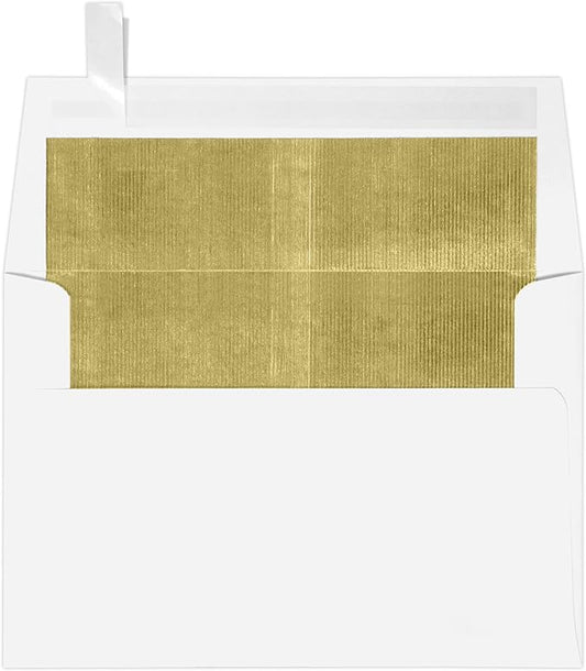 LUXPaper A4 Foil Lined Invitation Envelopes | Peel & Press | 4 1/4" x 6 1/4" | White w/Gold LUX Lining | 60lb. Text | 50 Qty