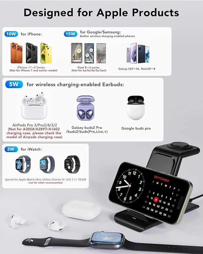 HATALKIN 3 in 1 Wireless Charging Station Compatible for Apple Products Multiple Devices Charger for Apple Watch Ultra 11 10 9 8 7 SE AirPods Pro iPhone 17 16 15 14 13 Pro Max/X/XS Fast Charger Stand