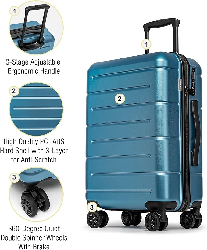 KYME Luggage Sets 3 Piece Hard Shell 22in/26in/30in Suitcases with Wheels Hardside Suitcase Set with TSA Lock Travel Rolling Luggage Set for Women Men Blue