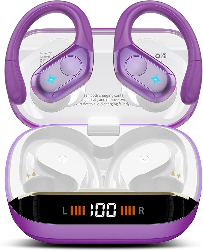 Wireless Earbuds Bluetooth 5.4 Headphones 75H Stereo Deep Bass Sports Over Ear Buds with Earhooks, LED Display Bluetooth Earbuds with 4 ENC Mic, IP7 Waterproof Earphone for Running,Dark Purple