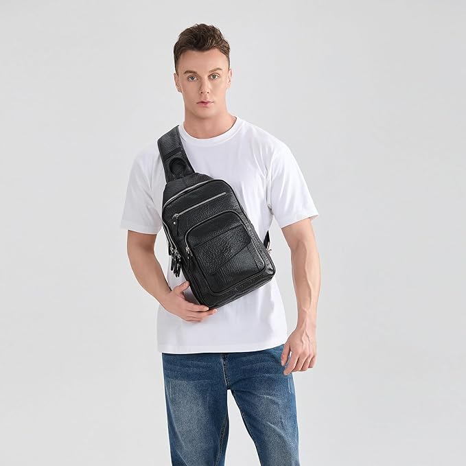 LANNSYNE Full Grain Leather Casual Sling Bag For Men Hiking/Travel/Business Crossbody Chest Bag Fits 12.9" iPad