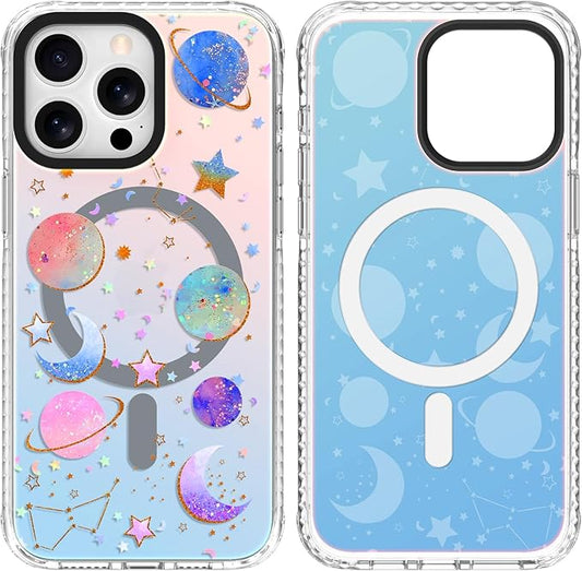 SAKUULO Magnetic for iPhone 15 Case Glitter Nebula Space Design Blue Stars [Compatible with MagSafe] Wireless Charge Shockproof Case for iPhone 15 Phone Case