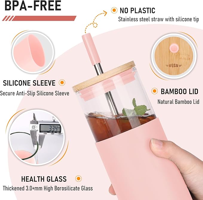 Glass Tumbler w/Lids & Straw: 24 oz Reusable Glass Cup w/Bamboo Lid, Stainless Steel Straws, BPA-Free, Leak-Proof, Dishwasher Safe for Coffee/Smoothies/Hot Beverage, Travel/Office/Home Use, 1-Pk