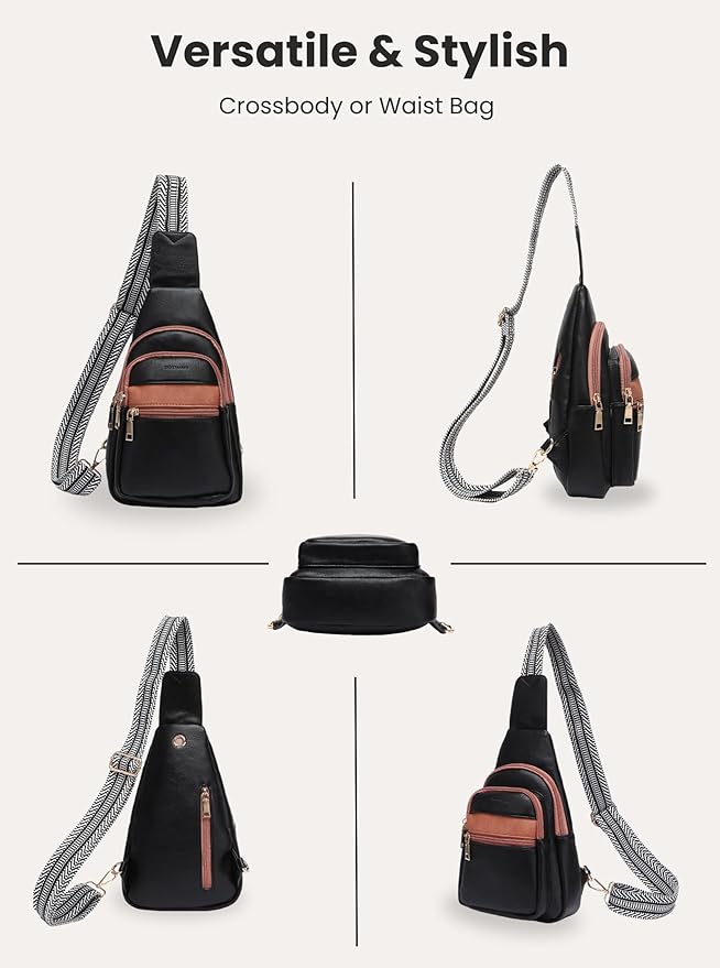 Sling Bag for Women Vegan Leather Fanny Pack Small Crossbody Purse Anti Theft Chest Bag for Travel Black & Brown