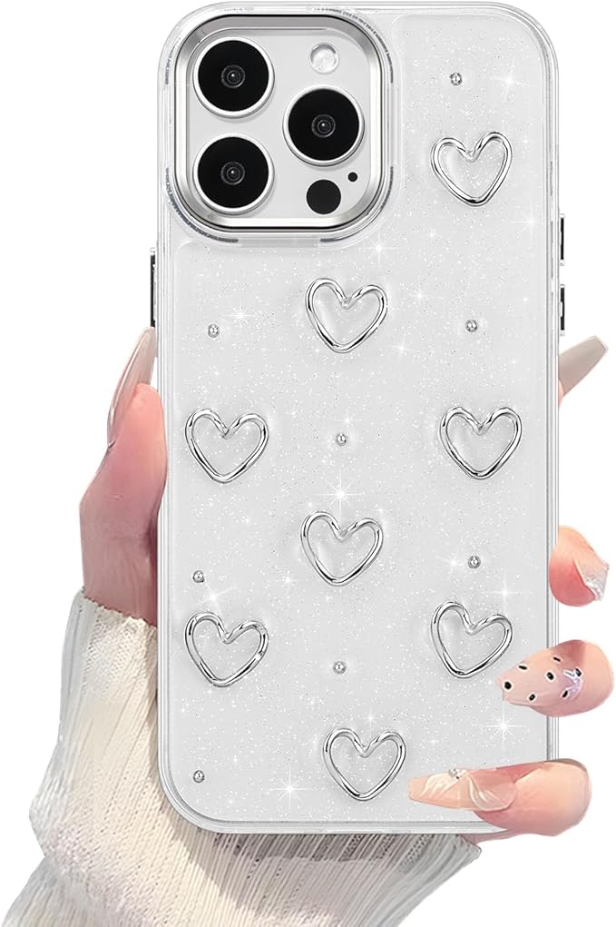 EYZUTAK Case for iPhone 13 Pro, Bling Glitter 3D Hearts Phone Case Cute Sparkly Crystal Clear Heart Aesthetic Design Case Slim Soft Durable TPU Transparent Protective Cover for Women Girls - Heart