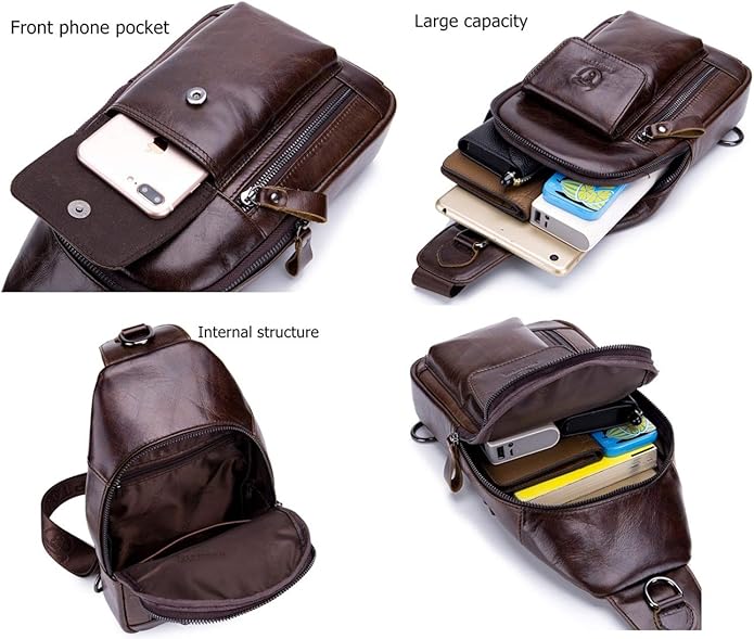 BULLCAPTAIN Genuine Leather Men Sling Bag Travel Crossbody Chest Bag Large Capacity Casual Hiking Daypack