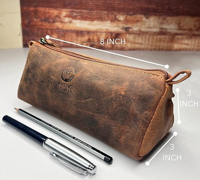 Rustic Town Leather Pencil Case - Full Grain Leather Zippered Pen Pouch - Stationery Bag Pen Holder for Work & Office