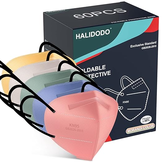HALIDODO Individually Wrapped, 60 Packs KN95 Face Mask, 5-Ply Breathable Comfortable Safety Mask with Over 95% Filtering, Morandi Multi Color