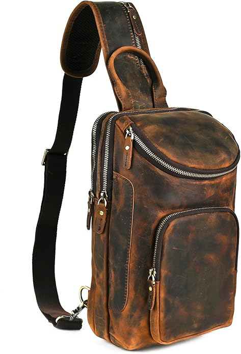 Thick Crazy horse Leather Triangle Crossbody Sling Chest Bag Travel One Shoulder Bag Daypack For Men Male 3028