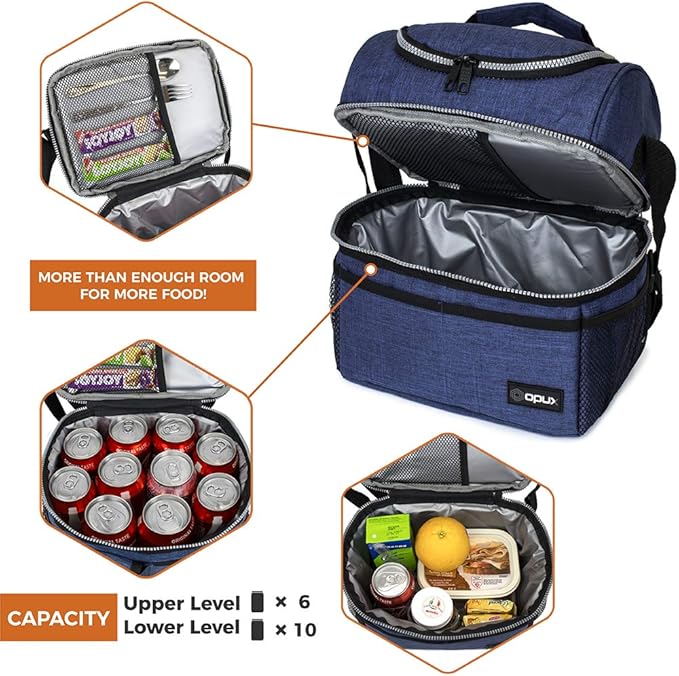 OPUX Lunch Box For Men Women, Insulated Large Lunch Bag Adult Work, Double Decker Lunchbox Meal Prep Dual Compartment Leakproof Lunch Cooler, Soft Lunch Pail Tote Boys Girls Kids School, Navy Blue 12L