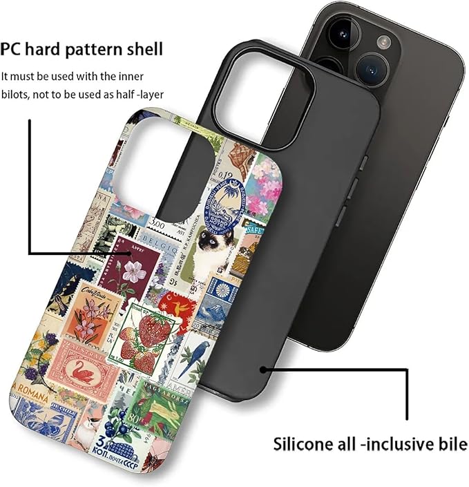 Case for iPhone 16 Pro,Vintage Stamp Collage for Woman Men Full Body Protective Cover Shockproof 2 in 1 Silicone + Hard PC Case for iPhone 16 Pro