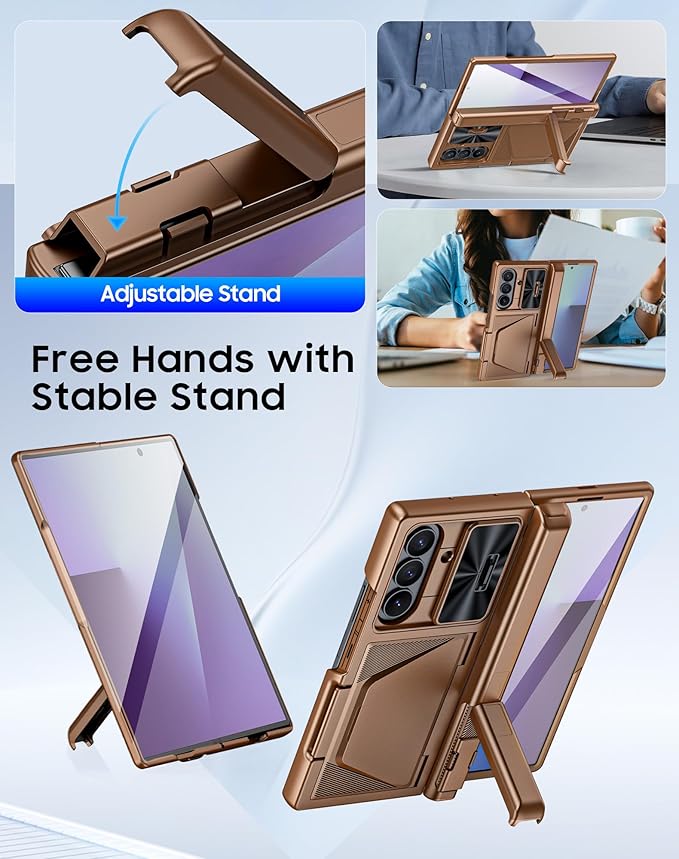 for Samsung Galaxy Z Fold 7 Case with Card Holder RFID Blocking, Built in Slide Lens Cover & Hinge Protection & Kickstand & Screen Protector, Shockproof Wallet Case for Z Fold 7 (Desert Gold)