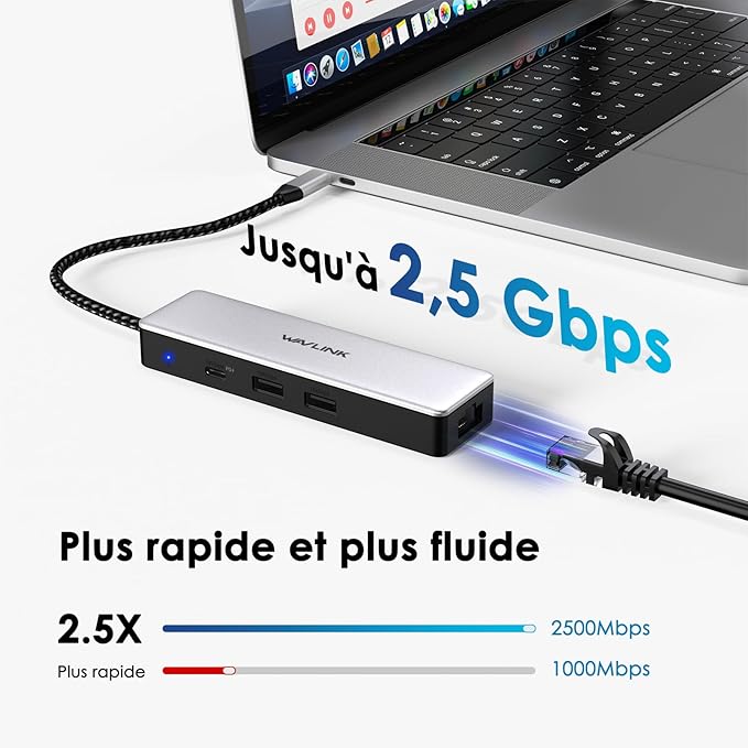 WAVLINK USB C to Ethernet Adapter, 10Gbps Hub with 1* USB-C, 2* USB-A, 2.5Gbps Ethernet Port for Laptop, Type C (Thunderbolt 4/3 Compatible) to Network for MacBook, iPad, Hp, XPS, Windows