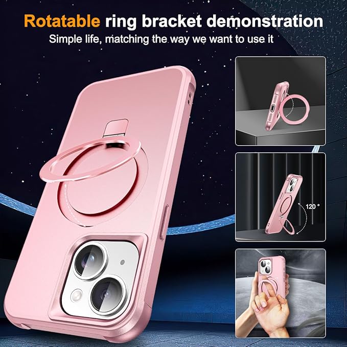 Compatible with iPhone 15 Case with Invisible Magnetic O-Ring Stand Military-Grade Case for iPhone 15 6.1" [Compatible with Mag-Safe][Great Grip Feeling], Rose Gold