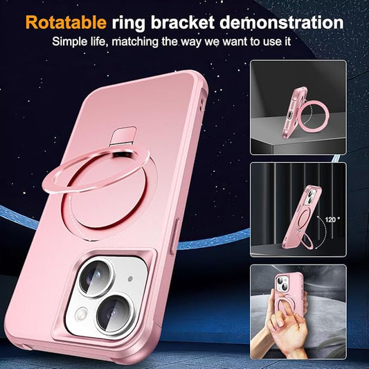 Compatible with iPhone 15 Plus Case with Invisible Magnetic O-Ring Stand Military-Grade Case for iPhone 15 Plus 6.7" [Compatible with Mag-Safe][Great Grip Feeling], Rose Gold