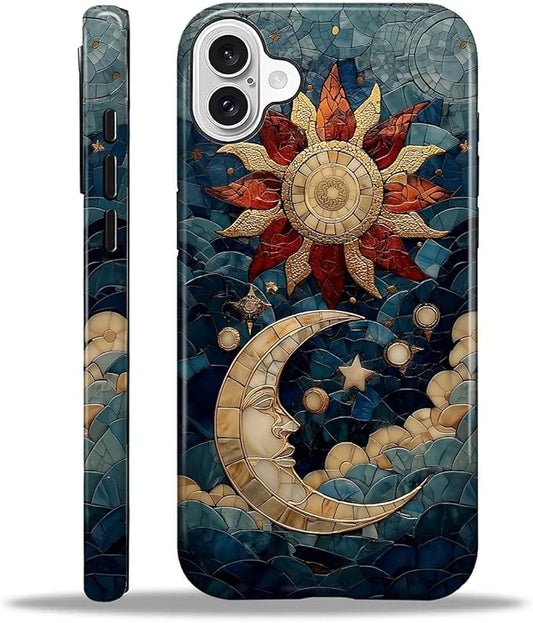 Case for iPhone 16 Plus Case,Sun Moon Stars Faux Stained Glass Design Hybrid Dual Protection Silicone + Hard PC Shockproof Full Body Cover Slim Anti-Scratch Protective Case for Men Women