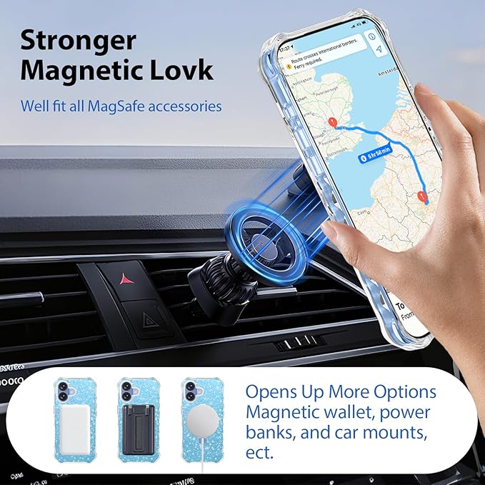 Magnetic for iPhone 17 Case with Invisible Stand, Compatible with MagSafe, Clear Bling Sparkle Shockproof Slim Anti-Slip Military Drop Protection Hard Phone Case 6.3" Glitter Blue
