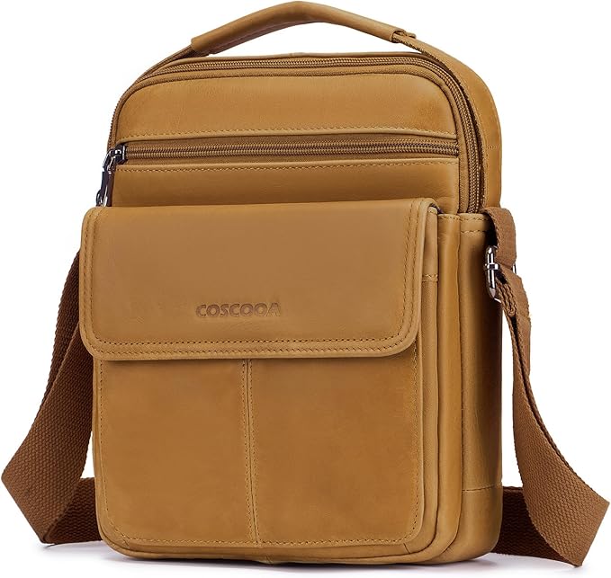 Men's Leather Crossbody Shoulder Bag - Messenger Satchel Travel Handbag