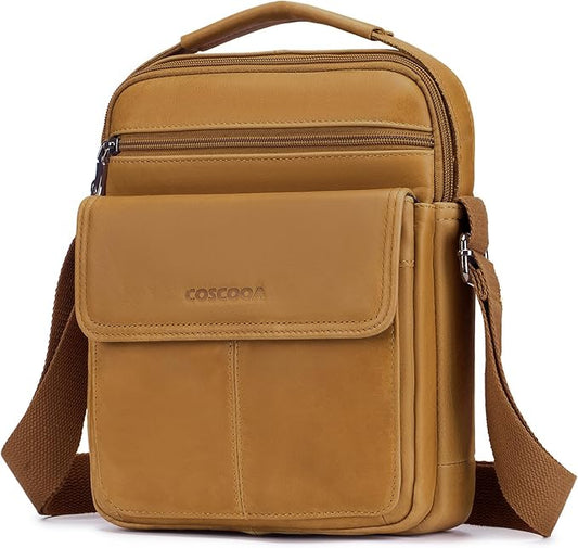Men's Leather Crossbody Shoulder Bag - Messenger Satchel Travel Handbag