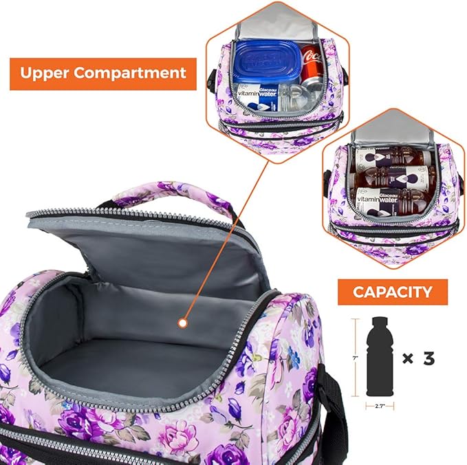 Opux Lunch Box For Women - Large Dual Compartment Insulated Lunch Bag, 10x7.5x10 Inches, Floral Purple