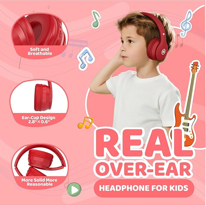 Headphones Kids Bluetooth 5.4 Wireless Play Time 68H Safe Volume Limit 85/94dB Over-Ear Foldable Headset,Fast Charging,with Aux Cord Built-in Mic for Toddler Child Pad Study Tablet Red