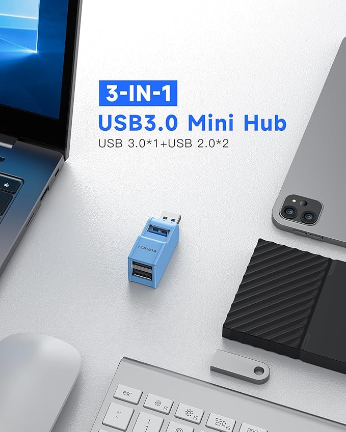 3 Ports USB 3.0 Adapter, USB Hub with 1 USB 3.0 and 2 USB 2.0 Port, Portable USB Port Splitter for Keyborad, Mobile Hard Disk, U Disk, Camera, Mouse,etc (Blue)