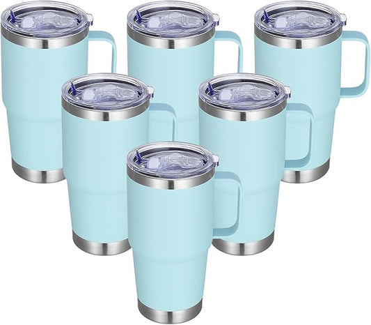20 oz Stainless Steel Tumbler with Handle Bulk Metal Insulated Tumblers Travel Coffee Mug with Handle Double Wall Tumbler Cup with Lid and Straw, Mint Green 6 Pack
