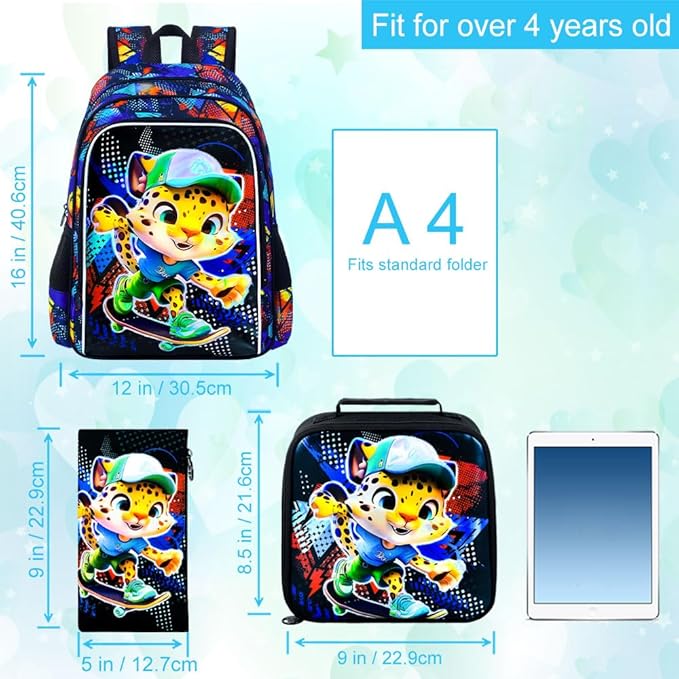 CCJPX 3PCS Kids Backpack for Boys, 16 Inch Panther Water Resistant Preschool Bookbags, Cool Leopard Kindergarten School Backpacks and Lunch Box