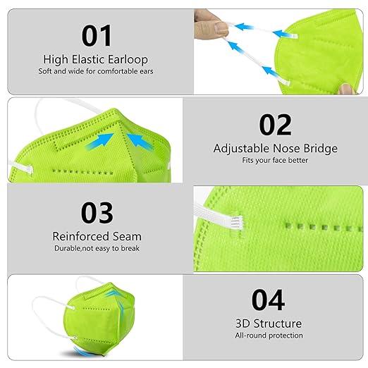 Akgk KN95 Face Mask 50 PCS, Breathable Protection 5-Ply Green Masks, Cup Dust Safety