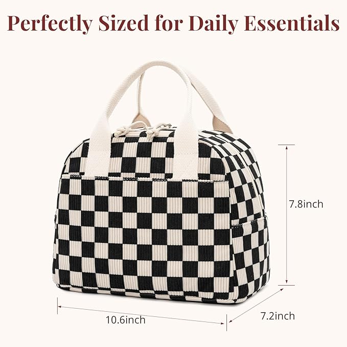 Insulated Black Checkered Lunch Bag for Women, Stylish Corduroy Tote with Aluminum Lining, Large Capacity Reusable Cooler for Work, Travel, or Beach, Beige Cream Water-Resistant Lunch Box