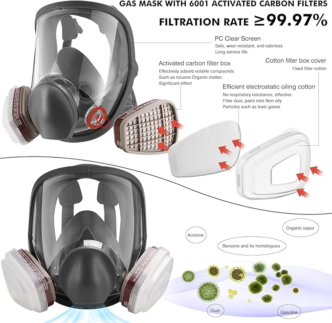 Gas Masks Survival Nuclear and Chemical - Reusable Full Face Respirator Gas Mask with Activated Carbon Filter