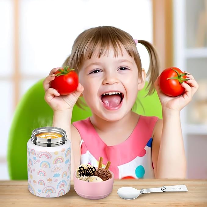 17oz Soup Thermo for Hot Food Kids Insulated Food Jar,Thermo Hot Food Lunch Container, Width Mouth Stainless Steel Lunch Box for Kids with Handle Folding Spoon(White - Little Rainbow)