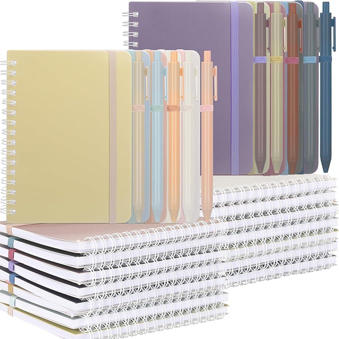 Fulmoon 100 Set A6 Spiral Notebook with Ballpoint Pen in 10 Colors 50 Sheets, 4" x 6" Bulk Ruled Small Notebooks Journals for Back to School Supplies Students Gifts Office Coworkers (Soft Pastels)