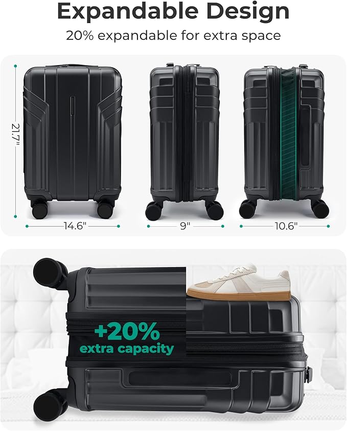 BAGSMART Expandable Carry On Luggage 22x14x9 Airline Approved, 1OO% PC Lightweight Hard Shell Suitcase, 20 Inch Travel Luggage with Spinner Wheels, Waterproof Rolling Suitcase, Black