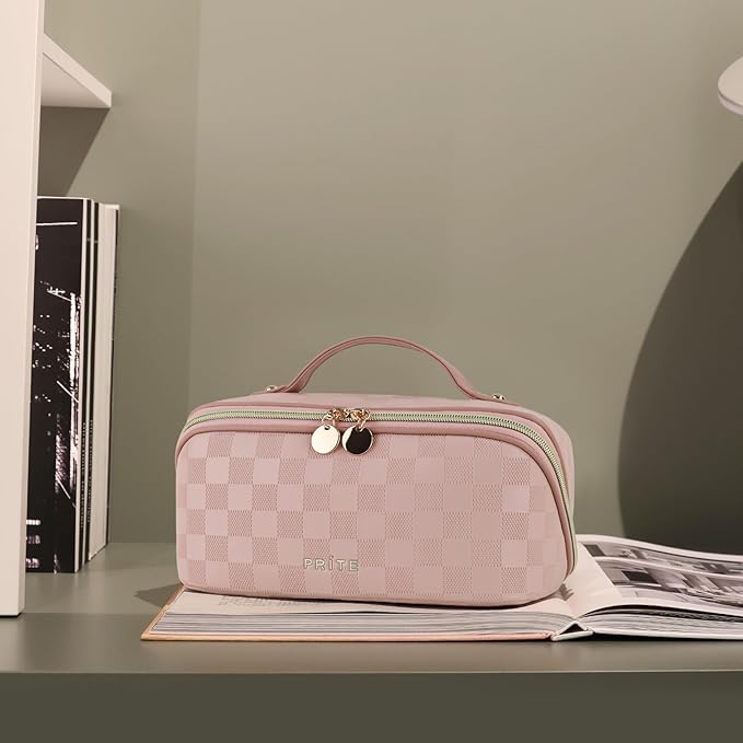 Prite Makeup Bag for Women Travel Waterproof Vegan Leather Cosmetic Bag Open Flat Toiletry Bag With Clear Divider and Handle (Plaid Pink)
