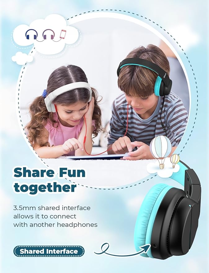 iClever HS19 Kids Headphones with Microphone for School, Volume Limiter 74/85dBA, Over-Ear Girls Boys Headphones for Kids with Shareport, Foldable Wired for iPad/Travel (Black)