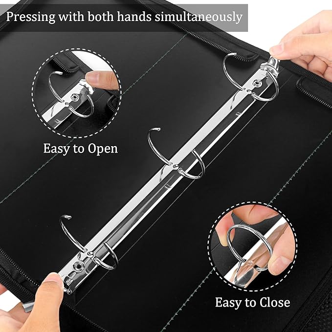 Zipper Binder 1.5 Inch Round 3-Ring Binder, Zippered Grip Pockets Storage Bag Business Office Supplies for Men Women (Grey)