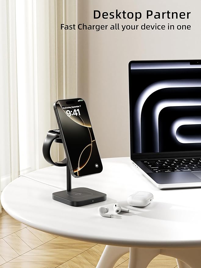 [Qi2 Certified ] LULULOOK 3 in 1 Charging Station with MagSafe, 15W QI2 Wireless Charger Stand Magnetic Charger for iPhone 17/16/15/14/13/12 Series, AirPods Pro/3/4, Apple Watch with 30W PD Adapter