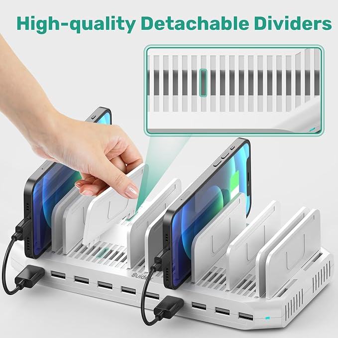 60W 10 Ports USB Charging Station for Multiple Devices, Multiple Charging Station with Adjustable Dividers Compatible with Tablets, Kindle, Smartphones