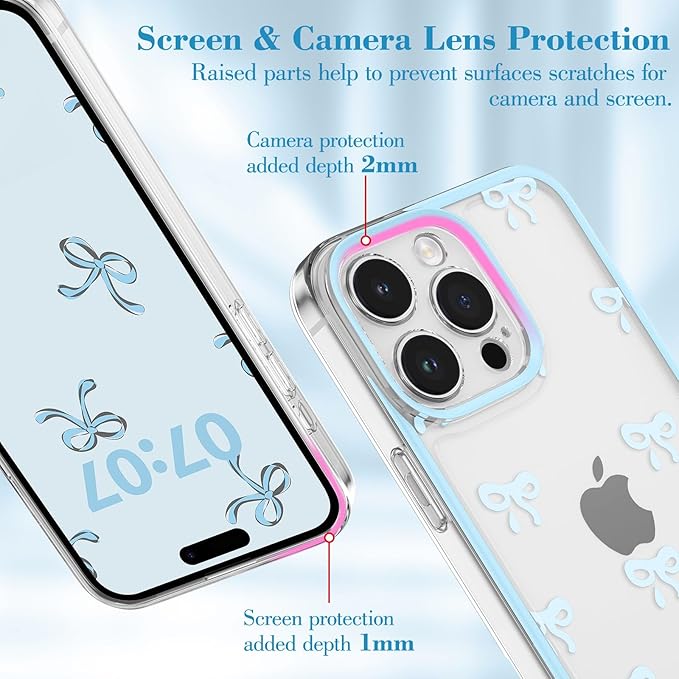EYZUTAK Case for iPhone 15 Pro, Clear Cute Ribbon Bowknot Pattern Aesthetic Transparent Phone Case Raised Camera Protection Stylish Slim Soft Durable TPU Protective Cover for Women Girls - Blue