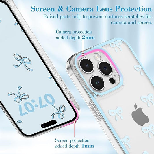 EYZUTAK Case for iPhone 14 Pro Max, Clear Cute Ribbon Bowknot Pattern Aesthetic Transparent Phone Case Raised Camera Protection Stylish Slim Soft Durable TPU Protective Cover for Women Girls - Blue