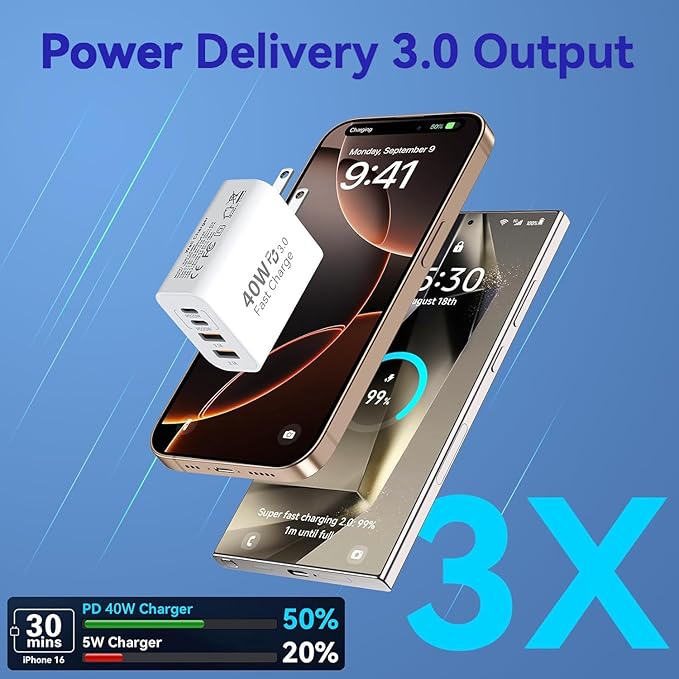 iPhone 17 16 USB C Fast Charger Block,USB C Charging Block 2-Pack 40W Type C 4in1 Multiport Fast Plug Wall Charger for iPhone 17 Pro Max/17 Air/17 Pro/16 Plus/16e/15 Pro Max/14/13/12/Xs Max/XR/X,iPad