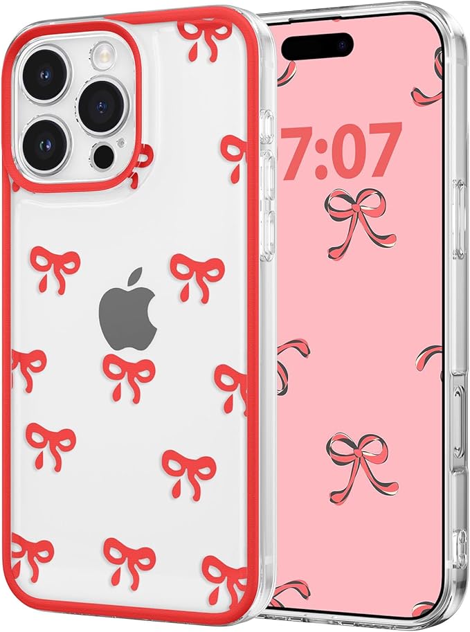 EYZUTAK Case for iPhone 13 Pro Max, Clear Cute Ribbon Bowknot Pattern Aesthetic Transparent Phone Case Raised Camera Protection Stylish Slim Soft Durable TPU Protective Cover for Women Girls - Red