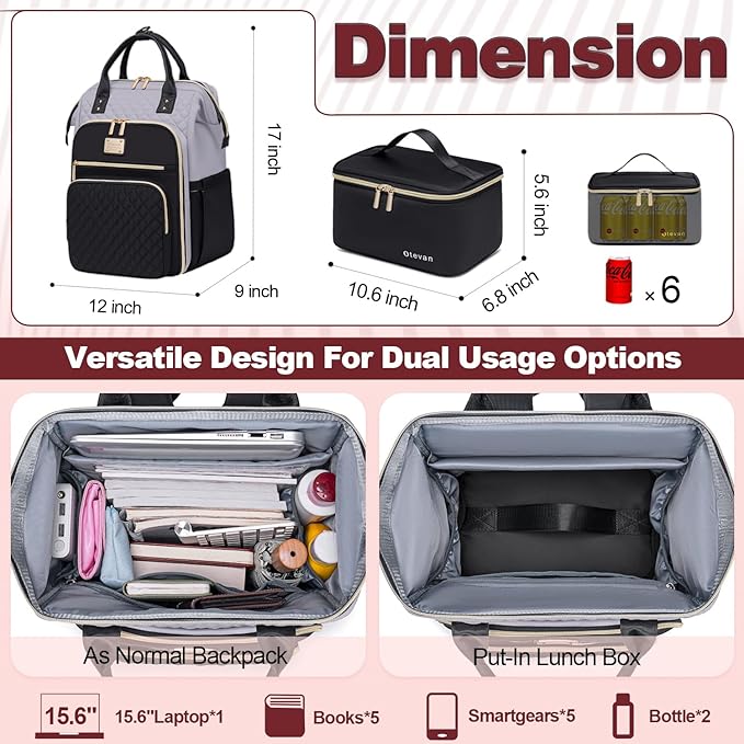 Lunch Backpack for Women, 15.6 inch Laptop Backpacks for Womens, Work Backpacks with Lunchbox,Insulated Back pack Cooler,Teacher Nurse Travel Backpack for Women