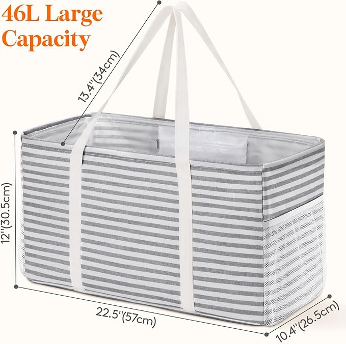 Lifewit Extra Large Tote Bag, Reusable Grocery Bags with Metal Wire Frame and Handles, Standing Utility Foldable Shopping Bags for Storage, Picnics, Beach, Pool, Laundry, Car 2 Packs 46L Gray and Blue