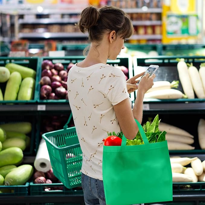 Reginary Reusable Totes Bags - 100 Pcs Non Woven Grocery Handle Bags for Shop Events & Retail Store(Green)