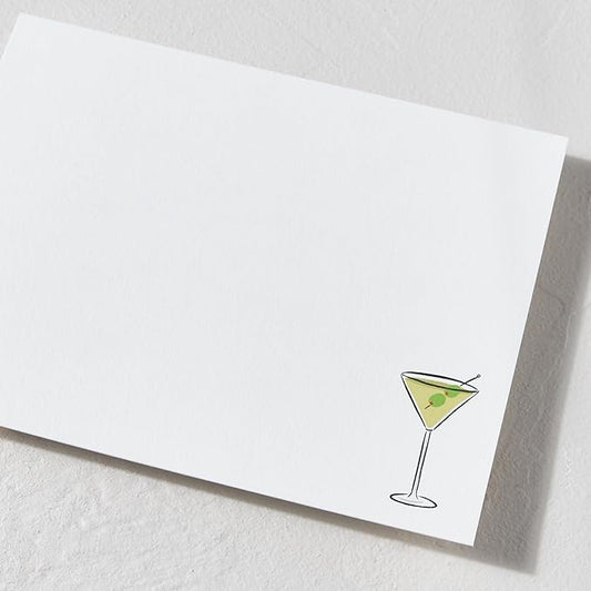 Minted Martini Stationery Set, Set of 10, Flat Note Cards & Envelopes for Invitiations and Handwritten Thank You Messages, Martini Design & Green Checkerboard Back, Gifts for Women, Luxurious Paper